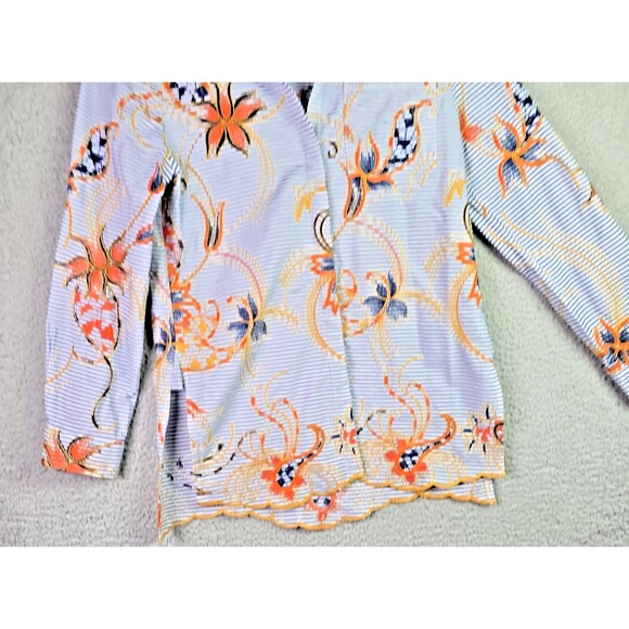 Peck & Peck Embroidered Striped Floral Shirt Small Cotton Boho Scallop Hem Blue - Picture 4 of 16